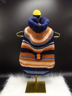 Hand-crocheted navy and caramel striped dog sweater with turtleneck — Navy Fall Sweater by WestieWear
