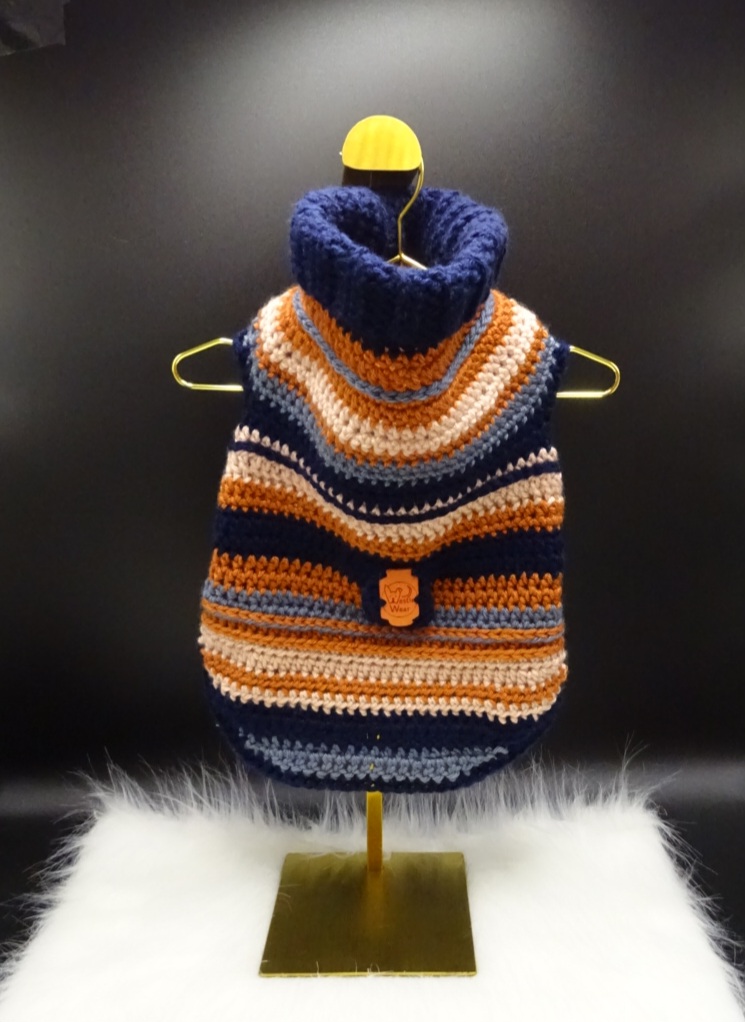 Hand-crocheted navy and caramel striped dog sweater with turtleneck — Navy Fall Sweater by WestieWear